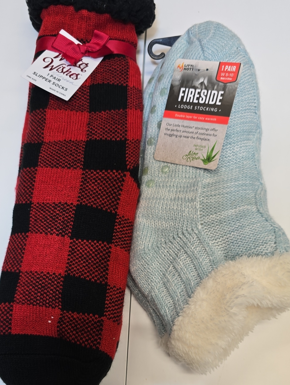Wishes & Fireside Women’s Cozy Slipper Socks - Red Buffalo Plaid & Light Blue